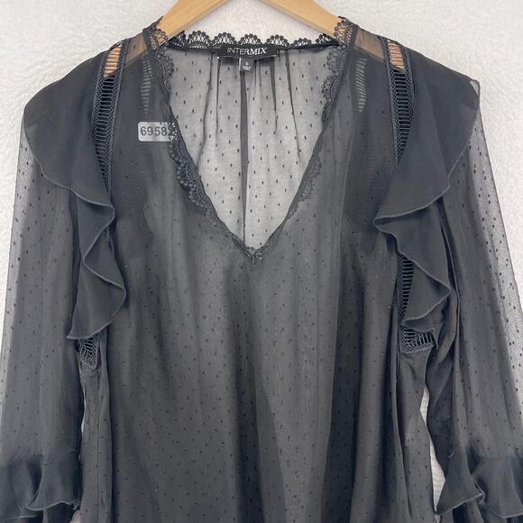 INTERMIX Top S Silk Chiffon Sheer Swiss Dot V-Neck Ruffle Long Sleeve Black - Picture 3 of 11